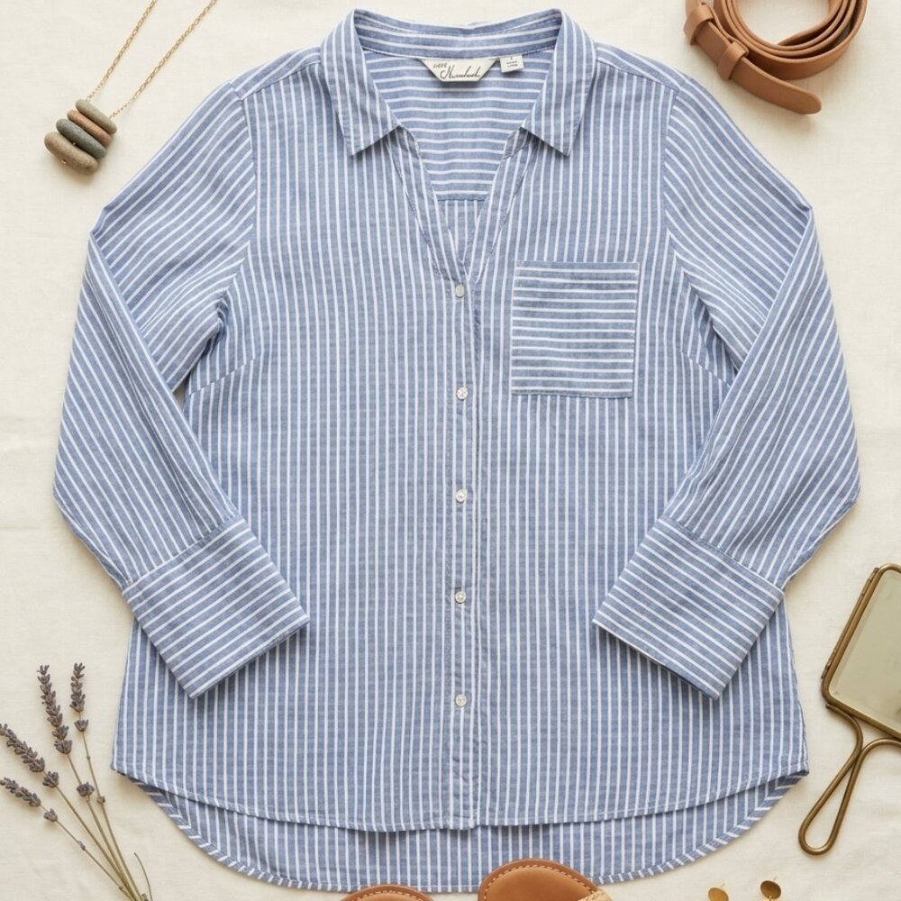 Caffé Marrakesh Blue White Striped Linen Blend Button Down Shirt Large